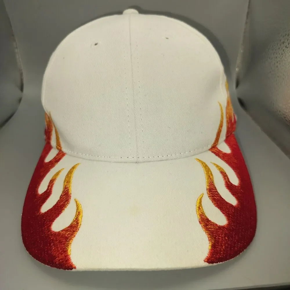 NISSUN White Flames Embroidered Baseball Cap Hat Adjustable Hot Rod Racing Theme